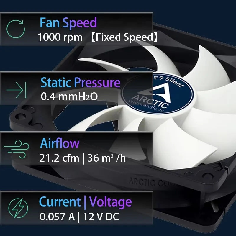 ARCTIC F9 Silent - 92 mm Low Noise Fan, Extra quiet motor, Almost inaudible,  Fan Speed: 1000 RPM Fixed Speed, 3-Pin Connector