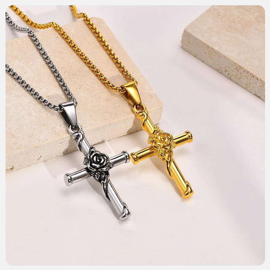 Vnox Men Cross Necklace, Stainless Steel Rose Cross Pendant with Box Chain, Unisex Cool Crucifix Jesus Faith Aesthetic Collar