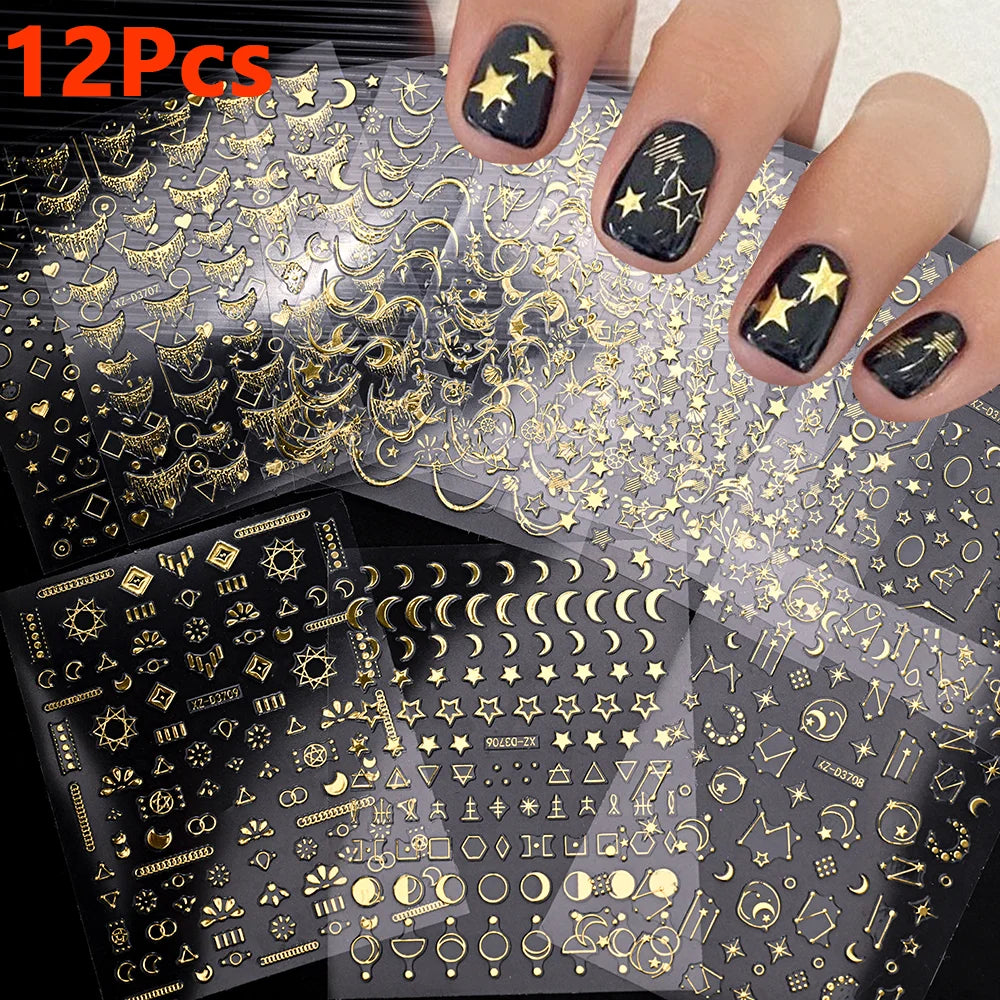 12Pcs Gold/Silver Tasse/Line/Star/Moon 3D Nail Art Stickers Leaf/Geometric Design Self-adhesive Sliders Luxury Manicure Decals