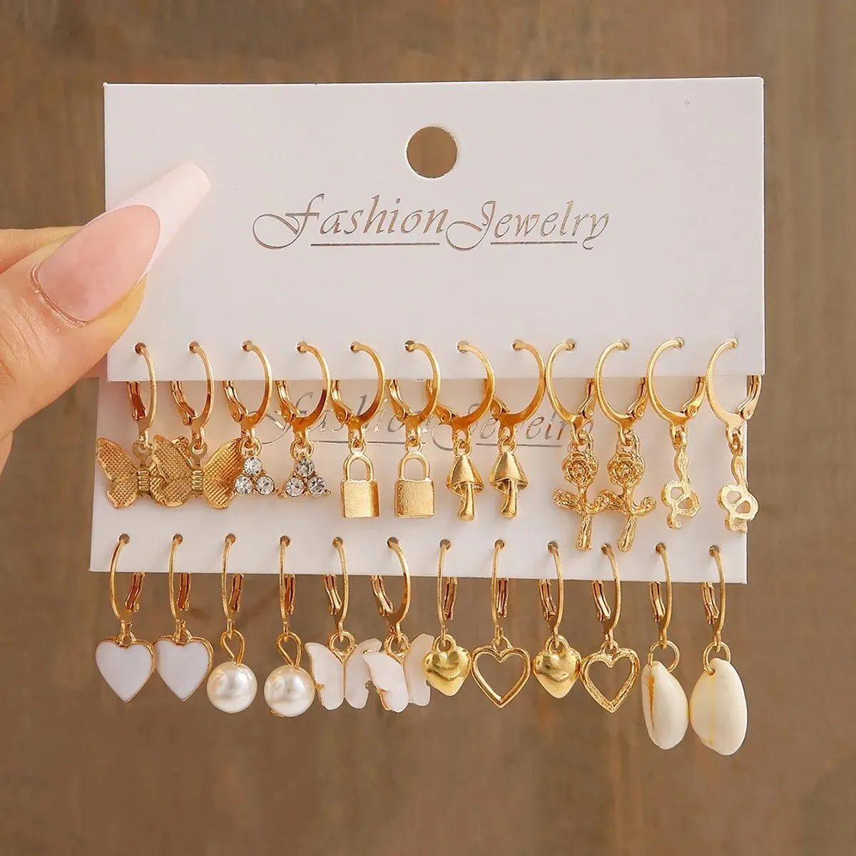 10pcs Women Earrings New Creative Simple Fashion Temperament Hollowed-out Butterfly Love Earrings Gold-color Earrings