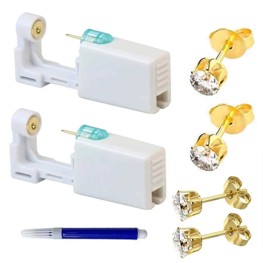 2PCS Disposable Ear Piercing Gun with Built-in Ear Studs & 2pcs Cubic Zirconia Earrings-For Home Use Ear Piercing Kit
