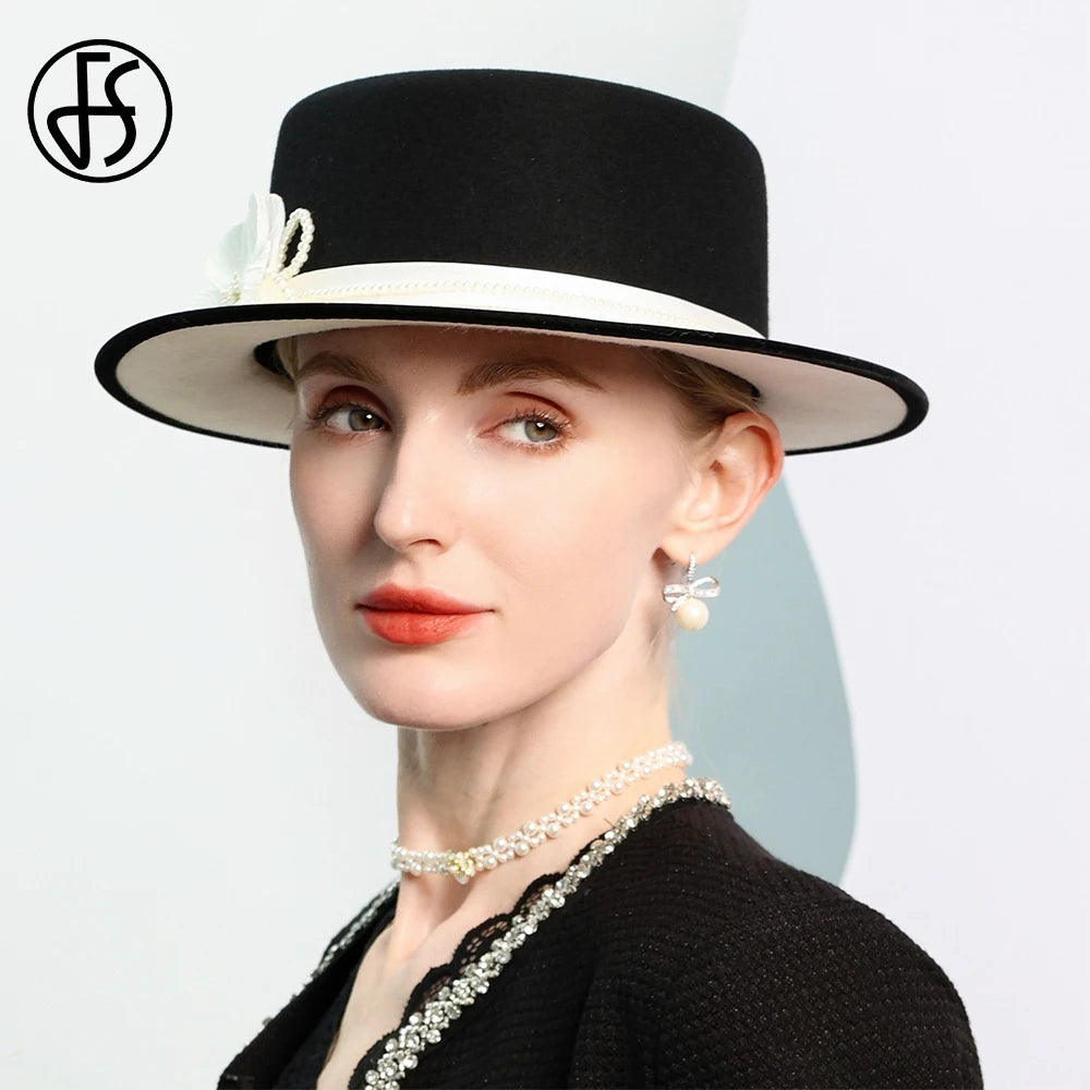 Women's Black/White Flat Top Wool Felt Fedora Hat with Flower Faux Pearl Detail Winter Dress Cap Stylish French Millinery