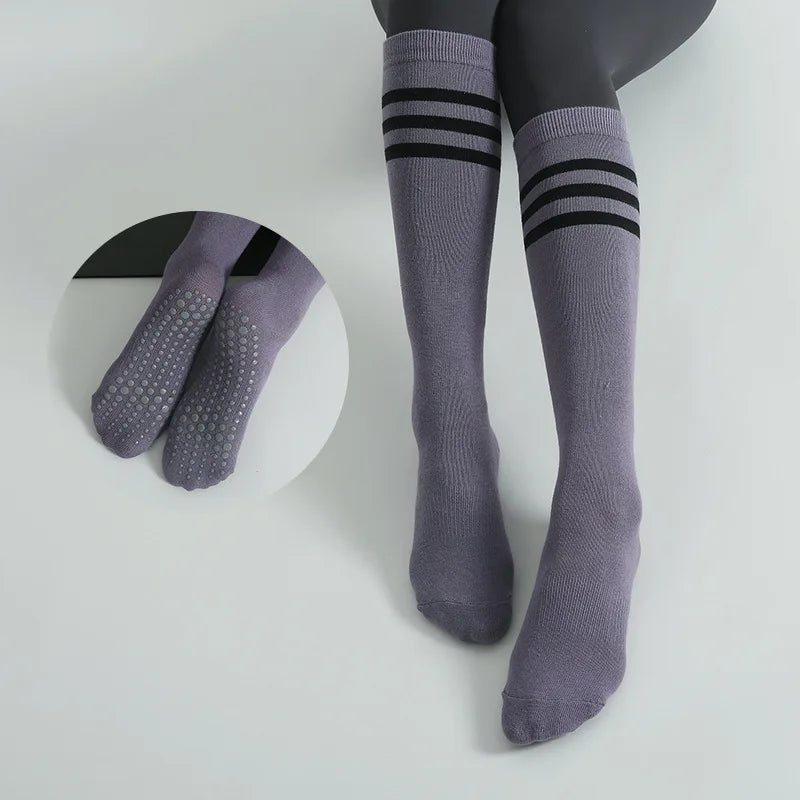 Autumn Winter Women Yoga Socks Striped Cotton Fitness Breathable Pilates Socks Middle Tube Non-Slip Gym Dance Ballet Grip Socks