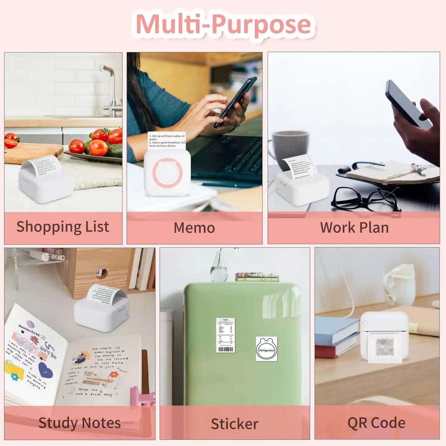 Mini Thermal Printer Portable Wireless Bluetooth Inkless Printer with 3 Rolls Sticker 3 Rolls Thermal Paper for Memo DIY