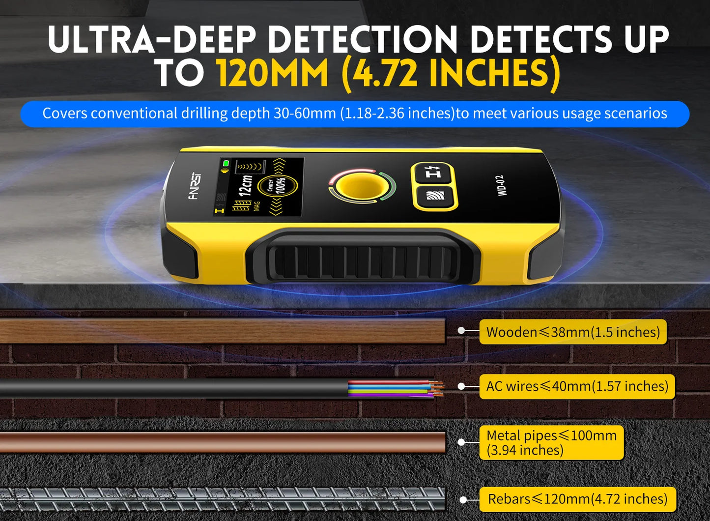 FNIRSI WD-02 Wall Detector Stud Finder New Design Positioning Hole TFT Display AC Live Cable Wires Metal Wood Stud Wall Scanner