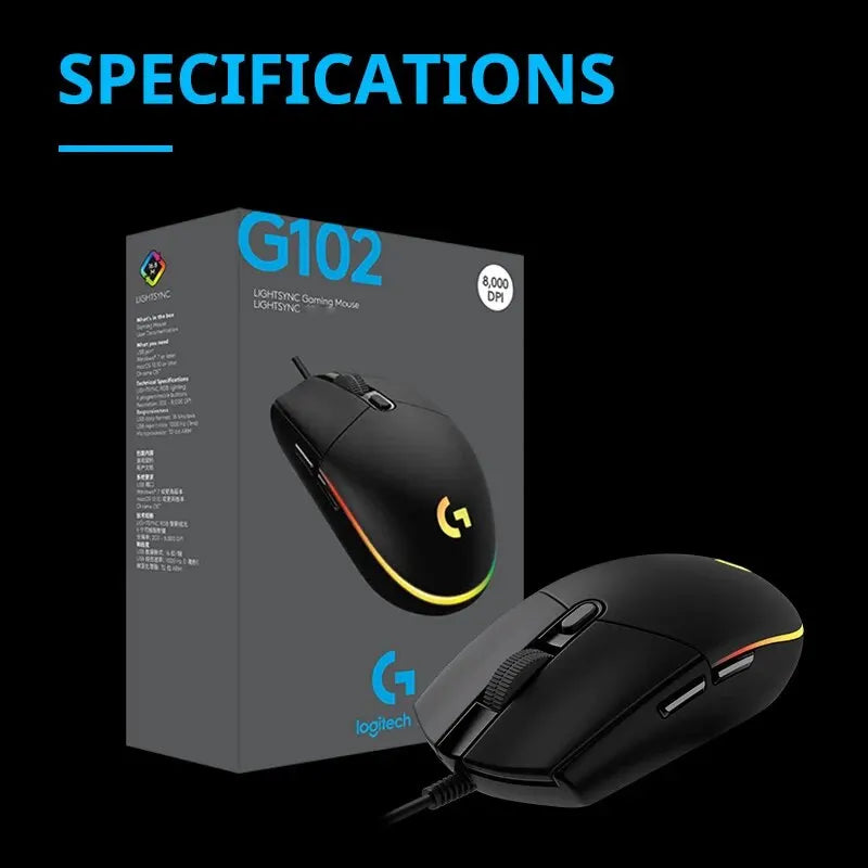 Logitech G102 Mouse Original Ergonomic Mouse Optical 8000DPI 16.8M Color LED Customizing 6 Buttons Wired Pc Gaming Accessories