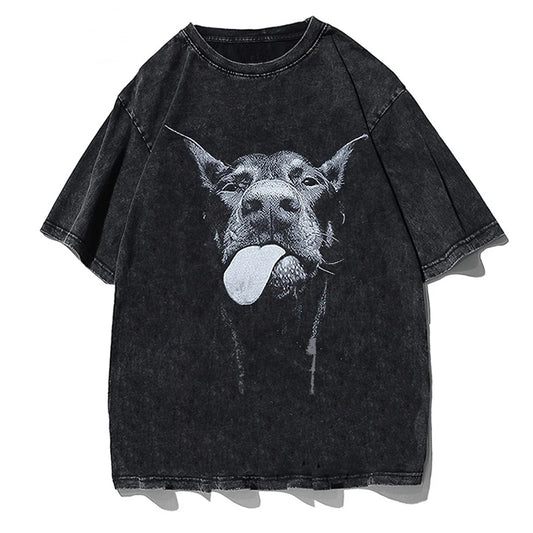 Men Gothic T-shirts Hip Hop Streetwear Dog Printed Punk Tops Summer Drop-Shoulder Sleeve Vintage Washed Oversized Short Sleeve