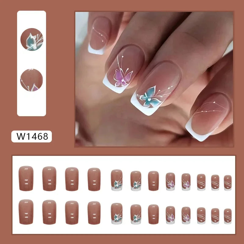 Gold Pink Wine Red 24 Pcs Fake Nail with Jelly sticker Press on False Nails Wearable Round Head Oval Full Cover Nail Tips