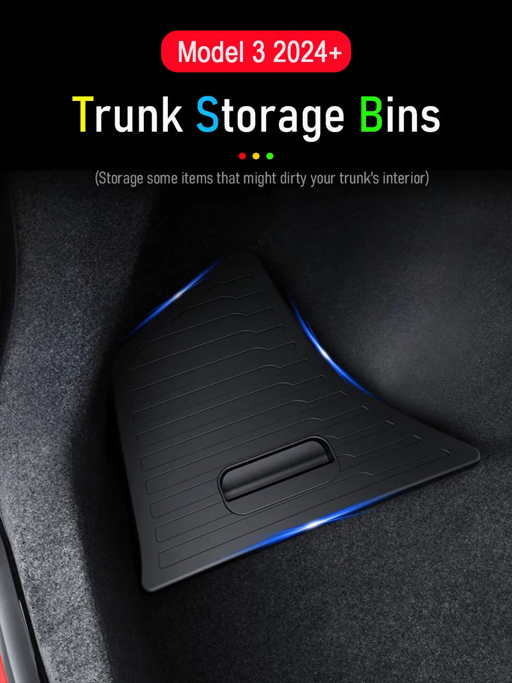 Trunk Organizer for Tesla Model 3 2024 2025 Waterproof Rear Trunk Storage Bins Side Box with Carpeted Lip Car Travel Accessories