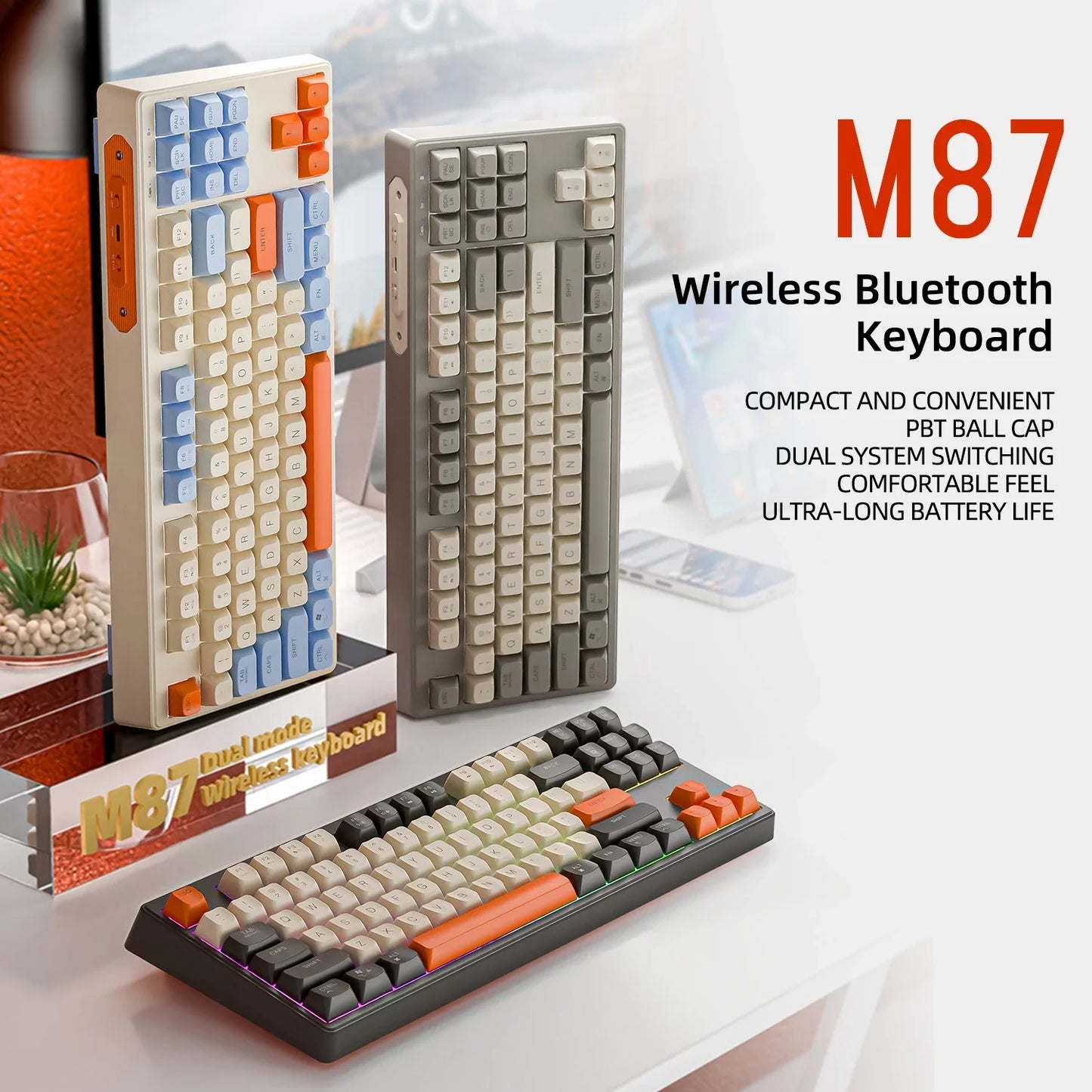 M87 Bluetooth Gaming Keyboard,Wireless Dual Mode Connection,PBT Ball Cap,Rainbow Light,Suitable for Computers, Laptops, and Mac