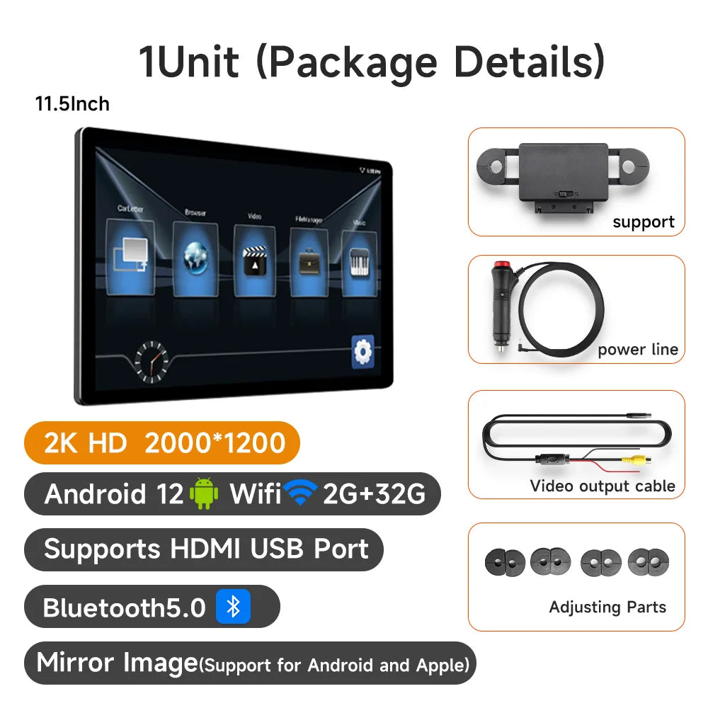 13" Headrest Monitor Android 12 Car Display IPS  2K HD For Car Rear Seat Tablet Touch Screen Video Music TV Player HDMI Input