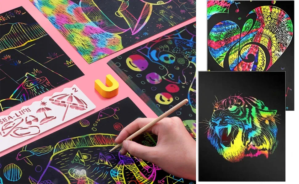 2PCs Rainbow Scratch Paper Children's Scratch Book Art Book DIY Rainbow Art Paper Card Neon Scratch Book Grafitti Colouring Book