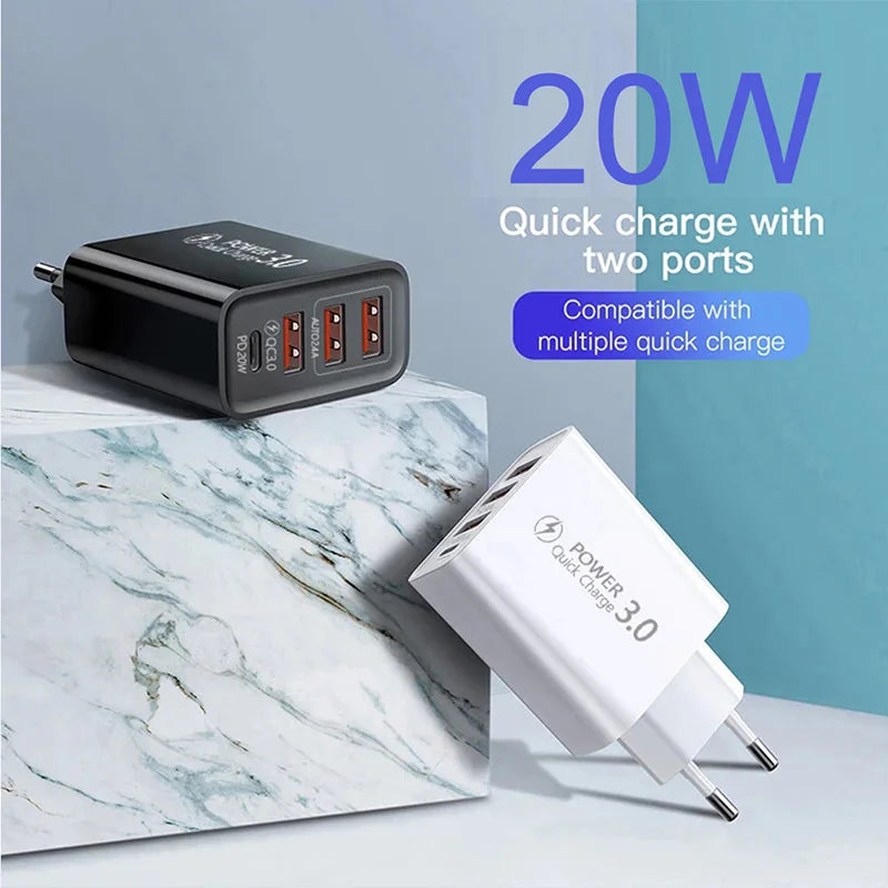 Type C USB Quick Charger 4 Ports 3.0 PD Cell Mobile Phone Power FAST Adapter For iPhone Samsung Xiaomi Black/White