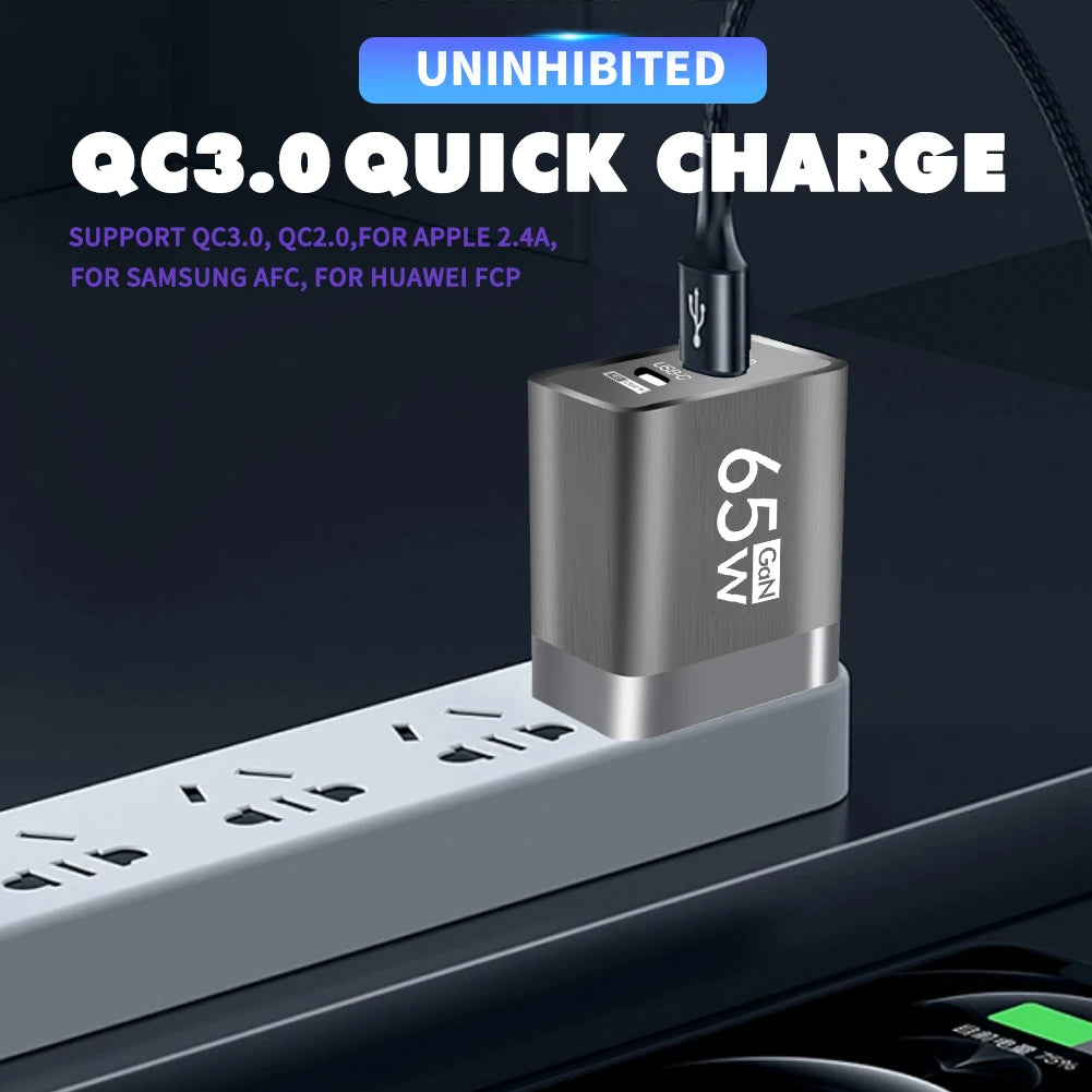 65W GaN USB C Charger Fast Charging 2 Ports Quick Mobile Phone Adapter For iPhone 15 14 13 Xiaomi Samgsung Portable Wall Charger