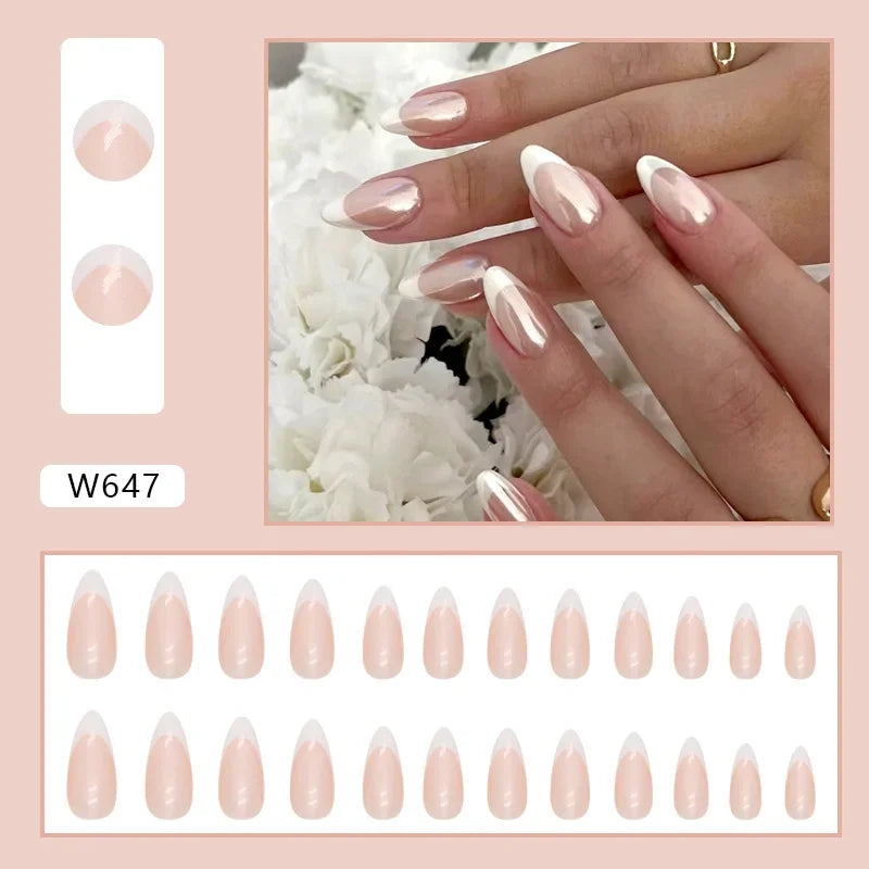Gold Pink Wine Red 24 Pcs Fake Nail with Jelly sticker Press on False Nails Wearable Round Head Oval Full Cover Nail Tips