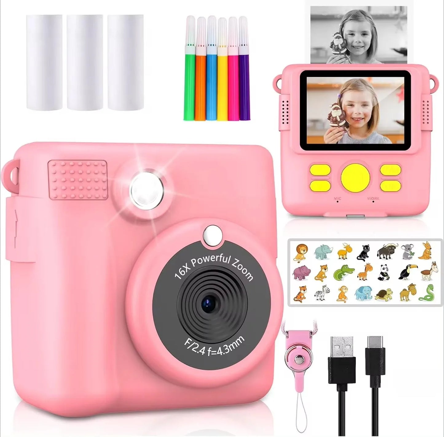 Portable Instant Print Camera for Kids - 1080P HD Video Camera with 3 Rolls Photo Paper and 32GB Card, Perfect Toy for Toddlers
