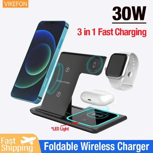 30W Wireless Charger Stand For iPhone15 14 13 12 11 Apple Watch 3 in 1 Foldable Fast Charging Station for Airpods Pro iWatch 8 7
