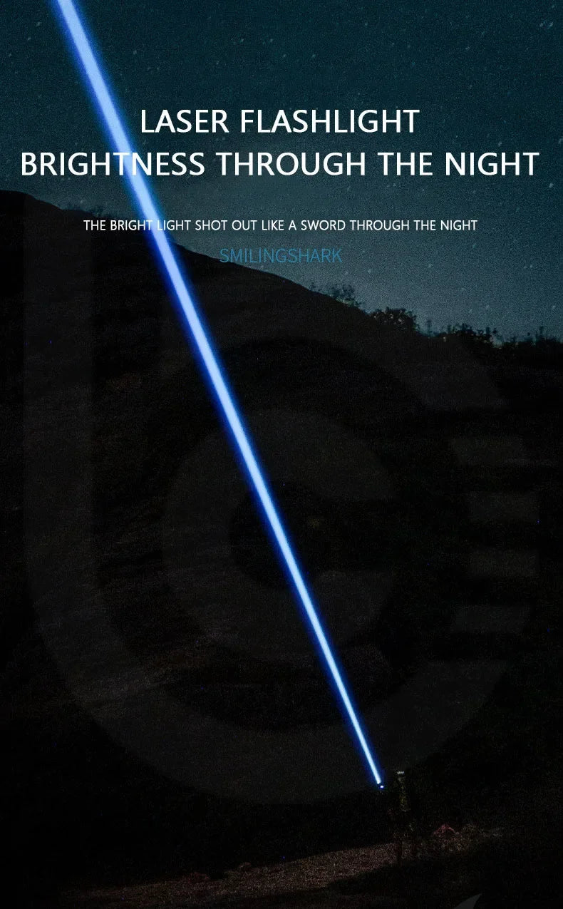 High Power White Laser Flashlight Super Bright LED Spotlight Long Range Torch Zoom Emergency Outdoor With Battery Indicator