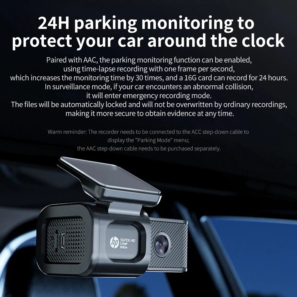 HP Car Recorder F490W 1296P HD Car Camera HD Night Vision Parking Monitoring Car WiFi Car DVR Video Loop Recording