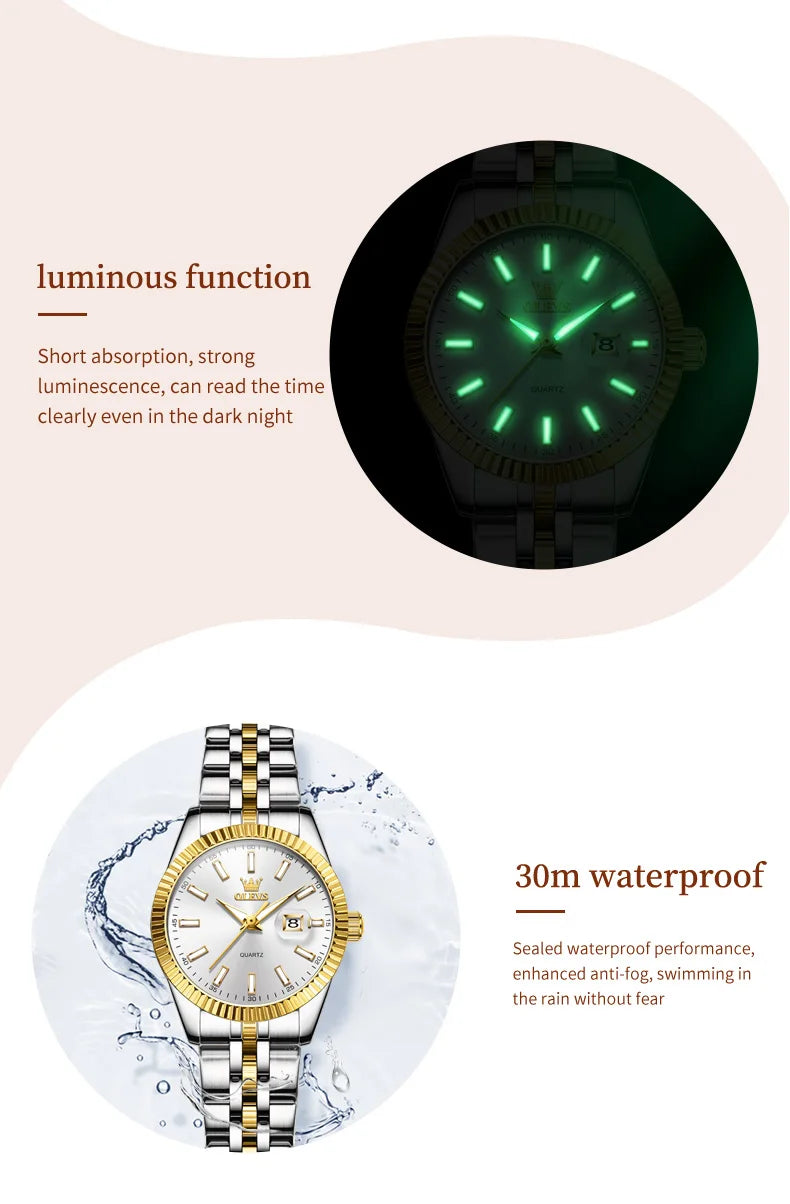 OLEVS 5593 Couple Watch Fashion Business Waterproof Stainless Steel Watch Luxury Brand Classic Date Week Clock Men Women Watch