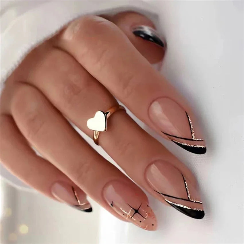 24Pcs/Set Black French Fake Nails Chips Removable Almond Shape Pointed Wearing False Nails Full Cover Stick Press on Nail Tips