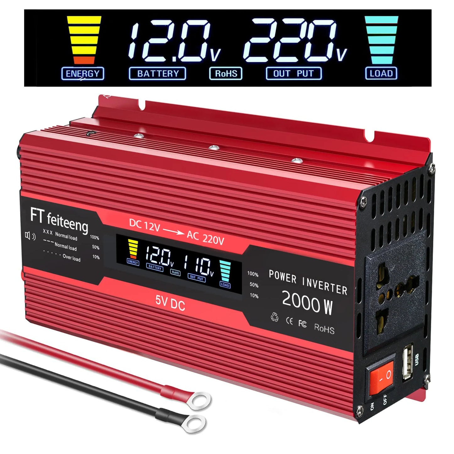 12V To 220V/230V 2000W Power Inverter LCD Display  Solar Inverter Dual USB Fast Charging for Phone Laptops Car