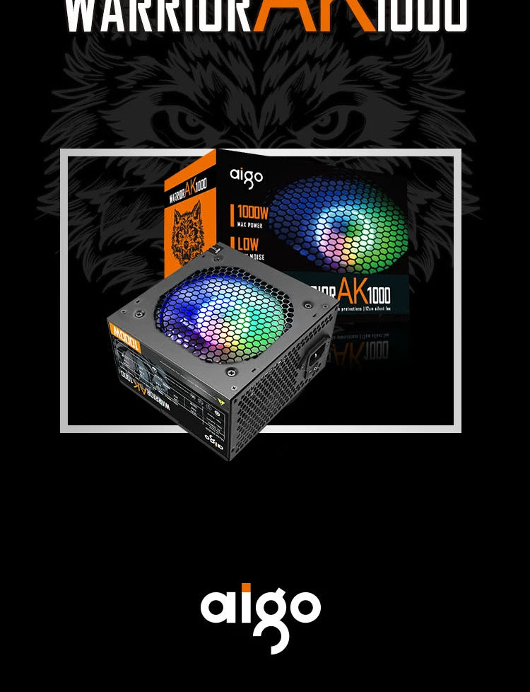 Aigo AK PC PSU Power Supply Unit 500W 600W 700W 800W 1000W Gaming 120mm RGB Fan 220V ATX Desktop computer Power Supply for BTC