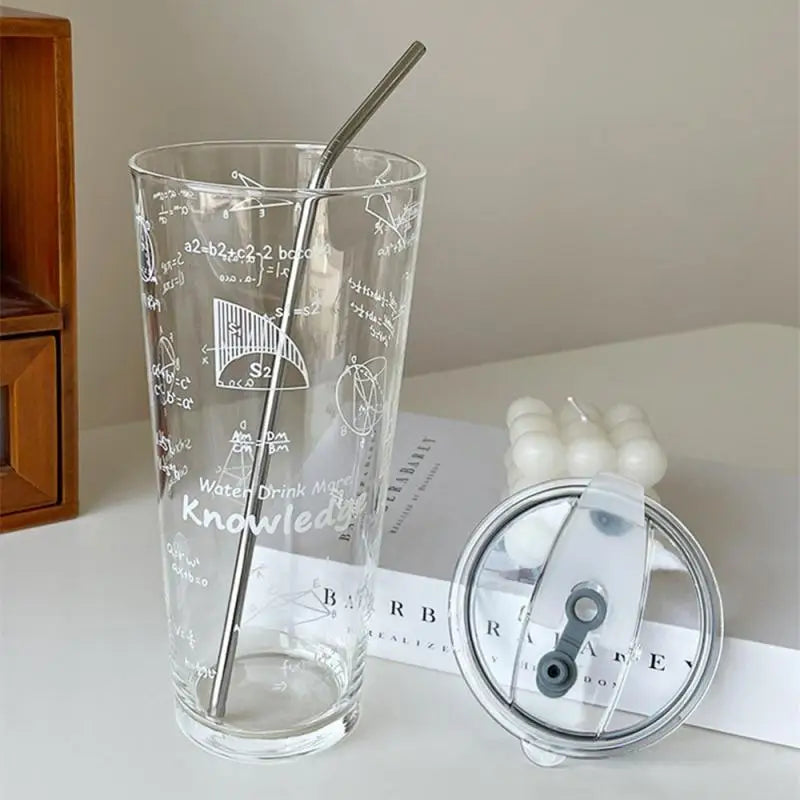 Utensils Cup With Lid And Stainless Steel Straw Milk Juice Mug 400-1000ml Large Capacity Mathematical Pattern Clear Glass Cup