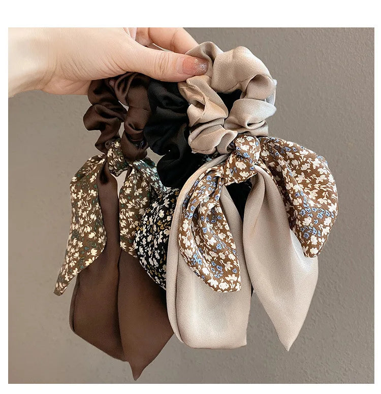 Ponytail Ribbon Bow New Women Scrunchies Knotted Bowknot Hair Ties Floral Print Sweet Elastic HairBand Hairs Accessories