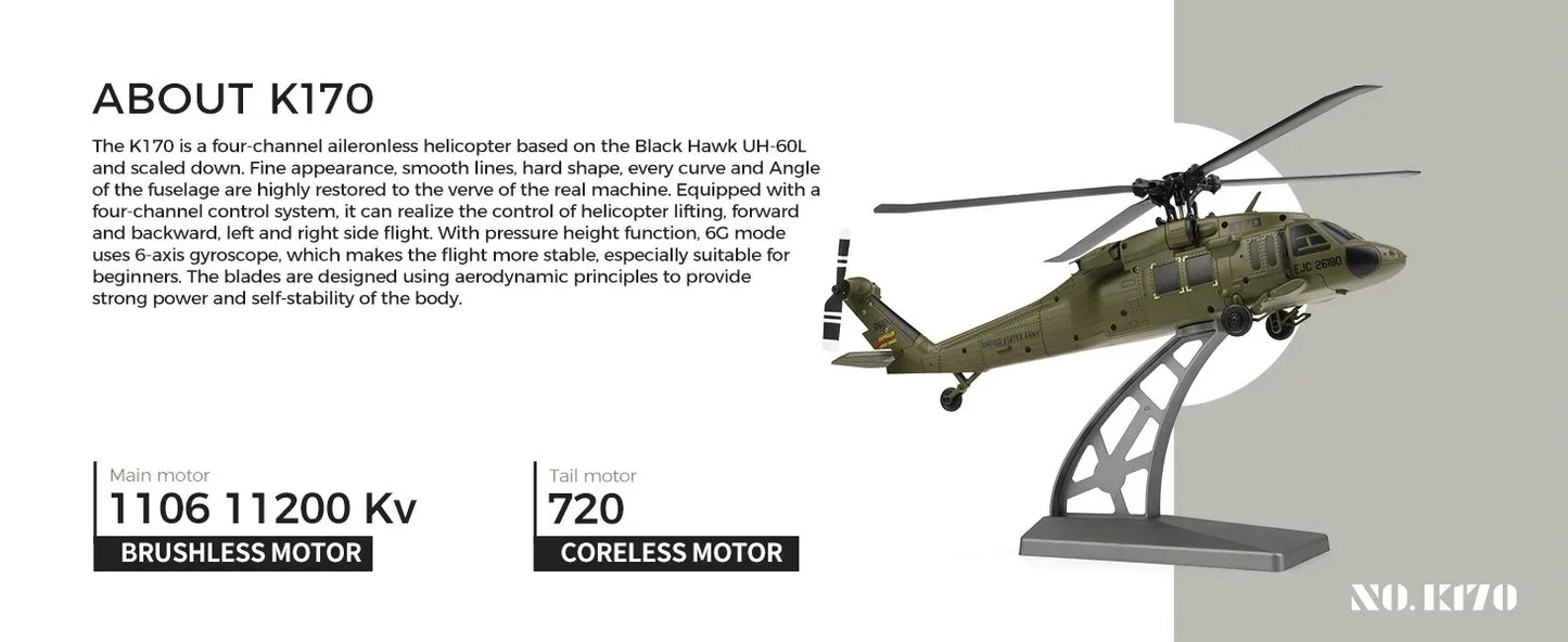 Wltoys K170 Black Hawk Uh60l Remote-Controlled Helicopter Four Channel Four Propeller Simulation Brushless Fixed Height Model