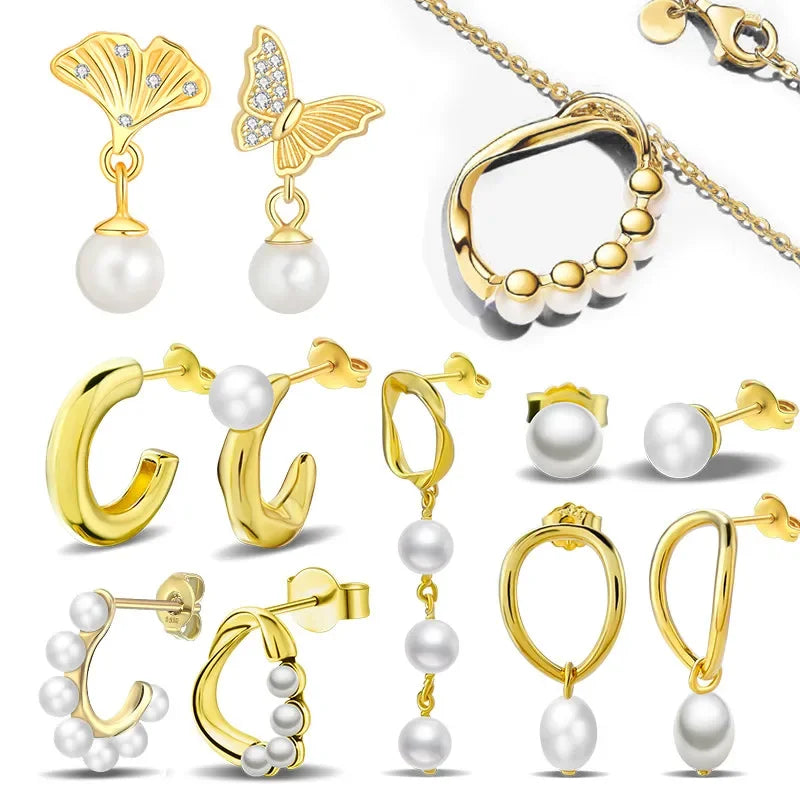 Sterling Silver S925 Pearl Gold Yellow Circular Hoop Earrings Drop Earring Original Charms Fine Jewelry for Women Elegant