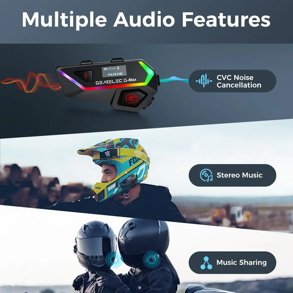 GEARELEC Motorcycle Helmet Intercom Headset 6 Riders 2KM Interphone Communication With IP67 Lights Smart Display Music Sharing