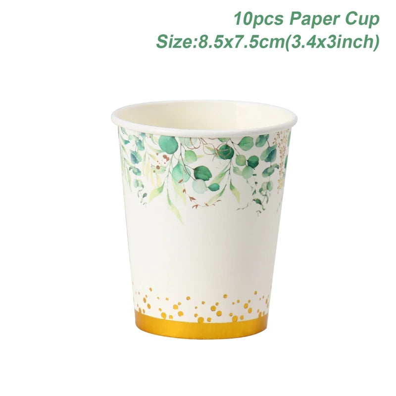 Sage Green Disposable Tableware Tropic Greenery  Party Paper Plates Cup Supply Wedding Birthday Jungle Safari Theme Party Decor