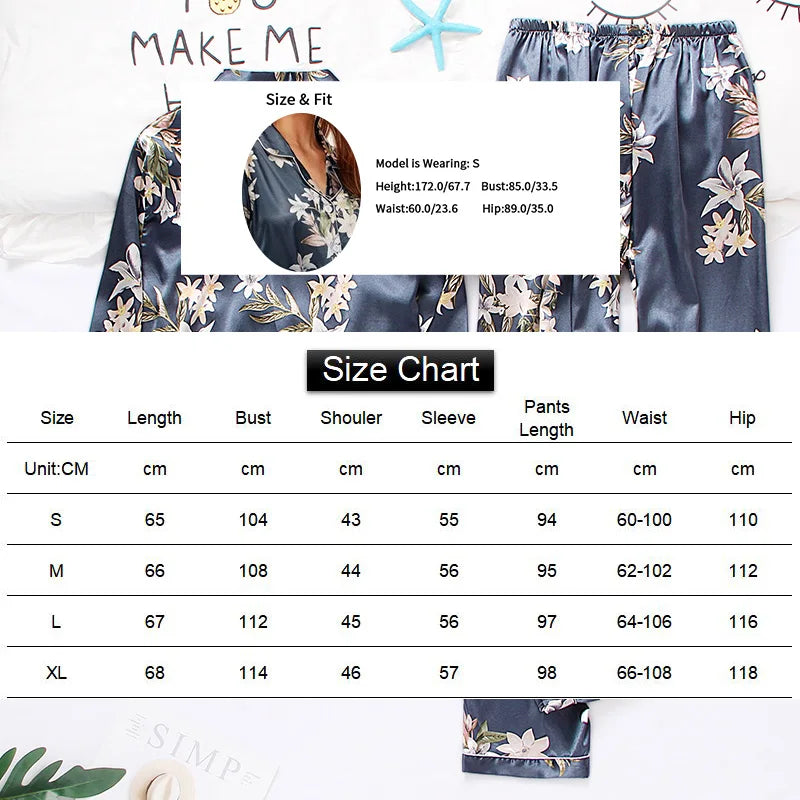 Women's Pajama 2 Piece Set Flower Print Sleepwear Satin Pijama Homewear Long Sleeve Turn-down Collar Tops Pants Nightwear Pyjama