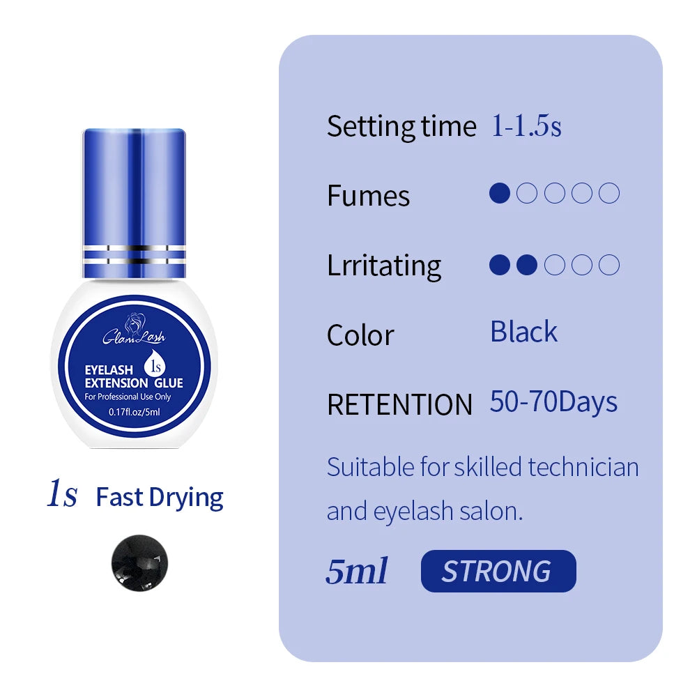 GLAMLASH 0.3-2 Sec Dry Eyelash Extension Glue Individual False Lashes Black Adhesive Kit for Professional Use