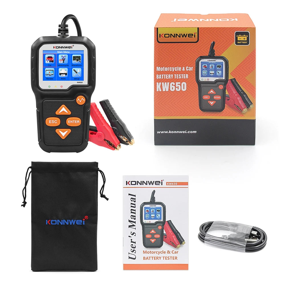 KONNWEI KW650 Car Motorcycle Battery Tester 6V 12V Auto Battery Analyzer 100 to 2000 CCA Car Moto Cranking Charging Test Tool