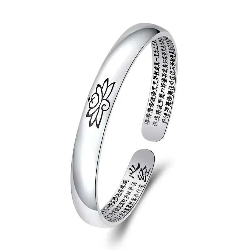 925 Silver Vintage Matte Bangles Engraved Heart Sutra Lotus Flower Bracelet for Women Simple and Fresh Style Jewelry Opening