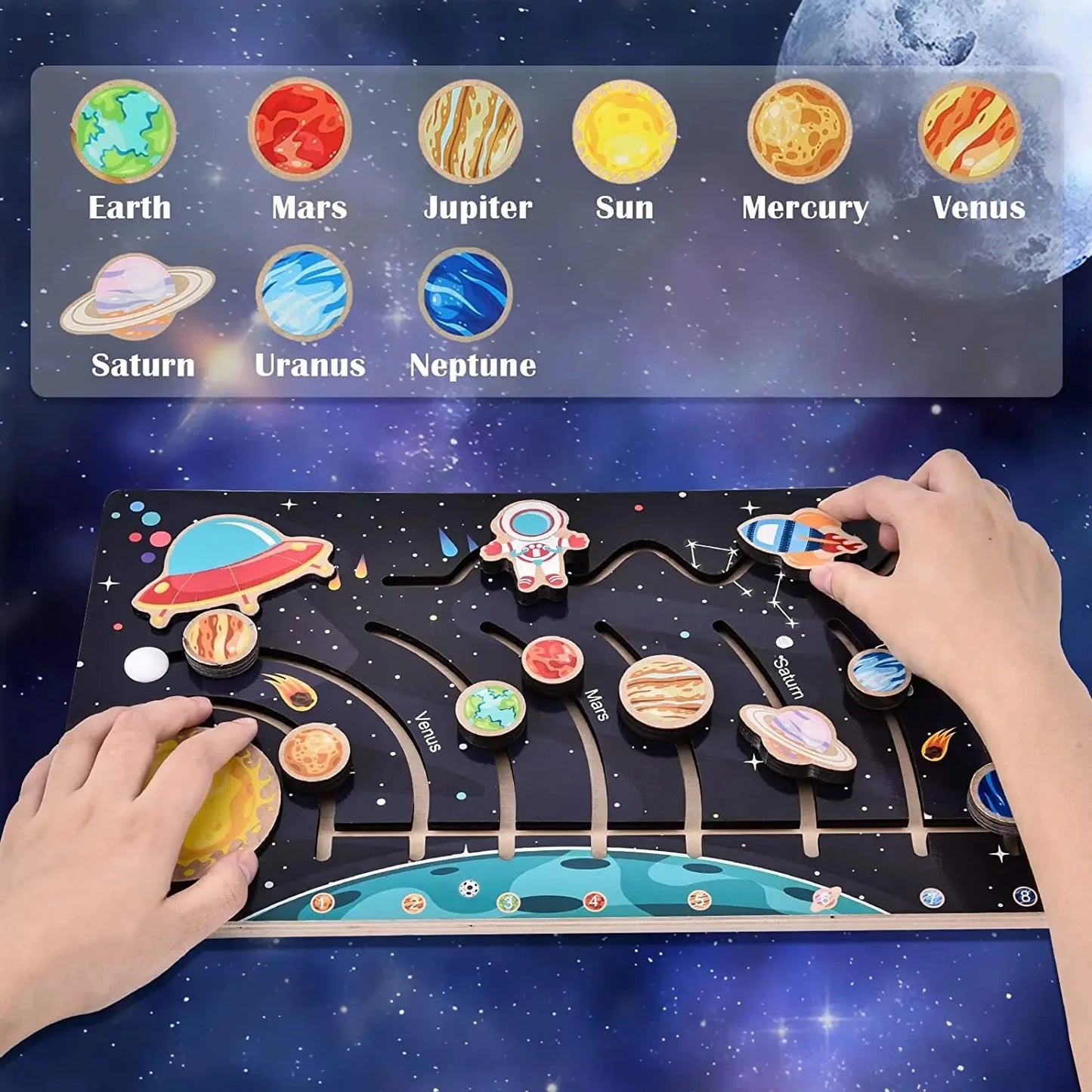 Wooden Solar System Puzzle Cognitive Game Colorful Sun Earth Space 9 Planets Science Toys For Children Training Educational Gift