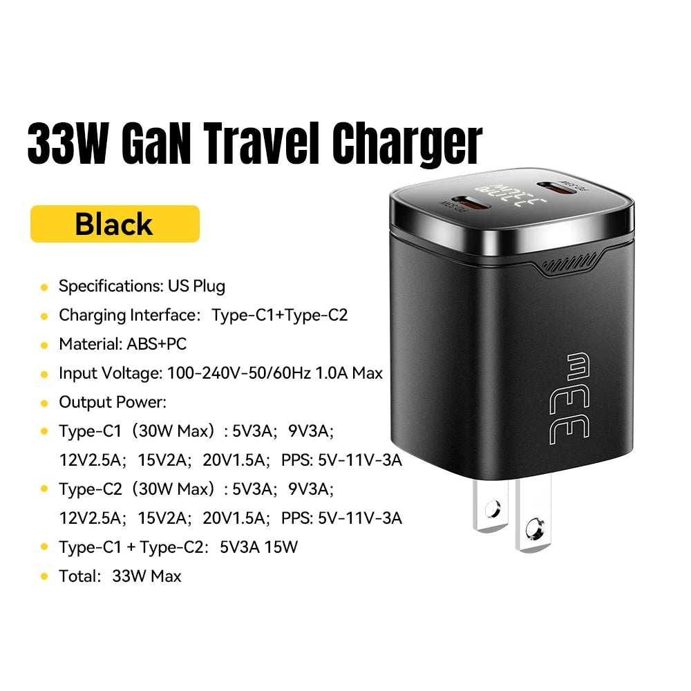 Essager 33W GaN USB C Charger Digital Display PD Fast Charging For iPhone 13 12 Max Pro iPad For Xiaomi Poco Samsung Charger Es