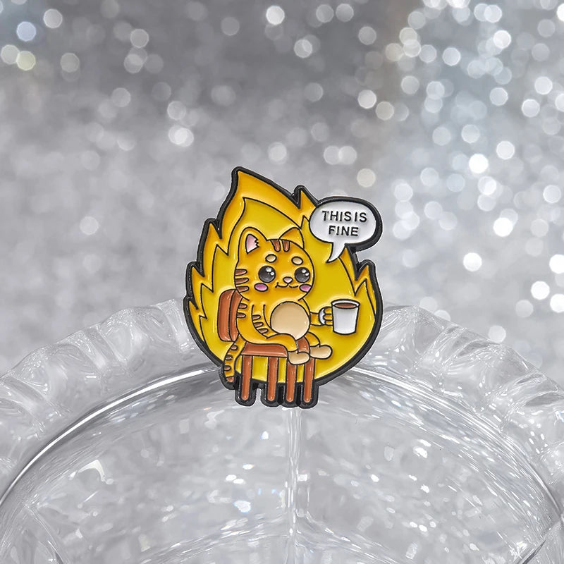 Flame Coffee Cat Enamel Pins Custom THIS IS FINE Brooches Lapel Badges Cartoon Animal Jewelry Gift for Friends