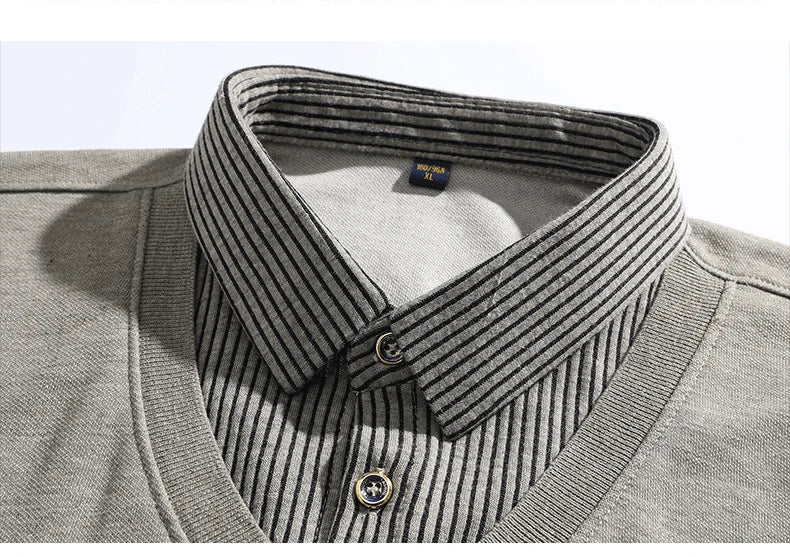 Mens Autumn Clothes Polo Collar Sweater Fake 2 Pieces Striped Velvet Jumpers Slim Fit Pullovers Elegant Knitted Sweaters