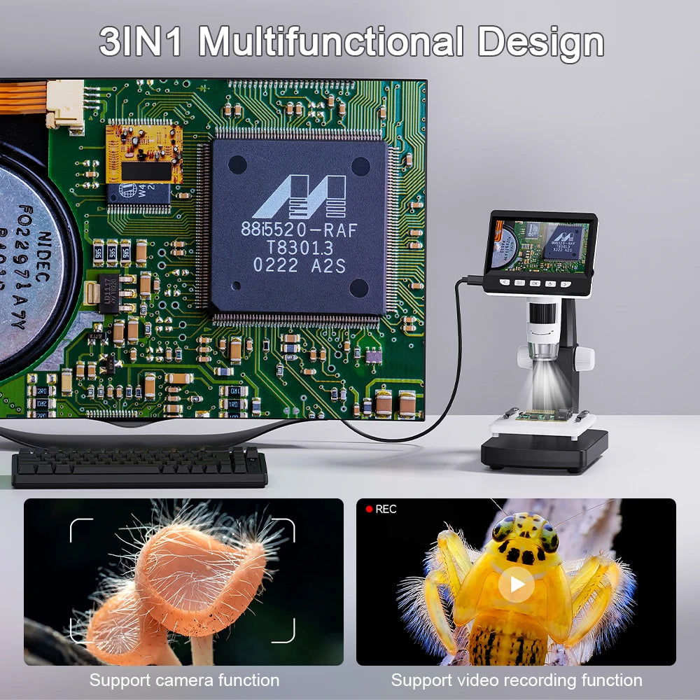 1080P 4.3"LCD Electronic Digital Microscope 1000X Magnification Coin Microscopio Adjustable Carrier Table for PCB Welding repair