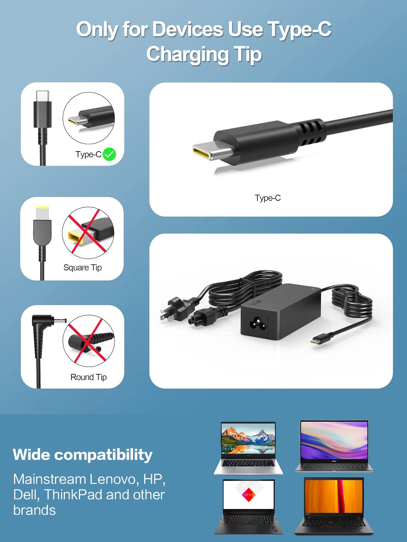 Reletech 65W USB C Laptop Charger Power Adapter for Lenovo ThinkPad,Hp,Chromebook,Yoga,Dell, ASUS,Acer Type C Fast Power Adapter