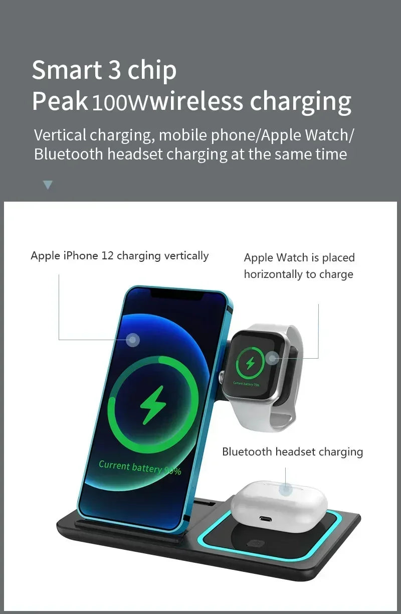 30W Wireless Charger Stand For iPhone15 14 13 12 11 Apple Watch 3 in 1 Foldable Fast Charging Station for Airpods Pro iWatch 8 7