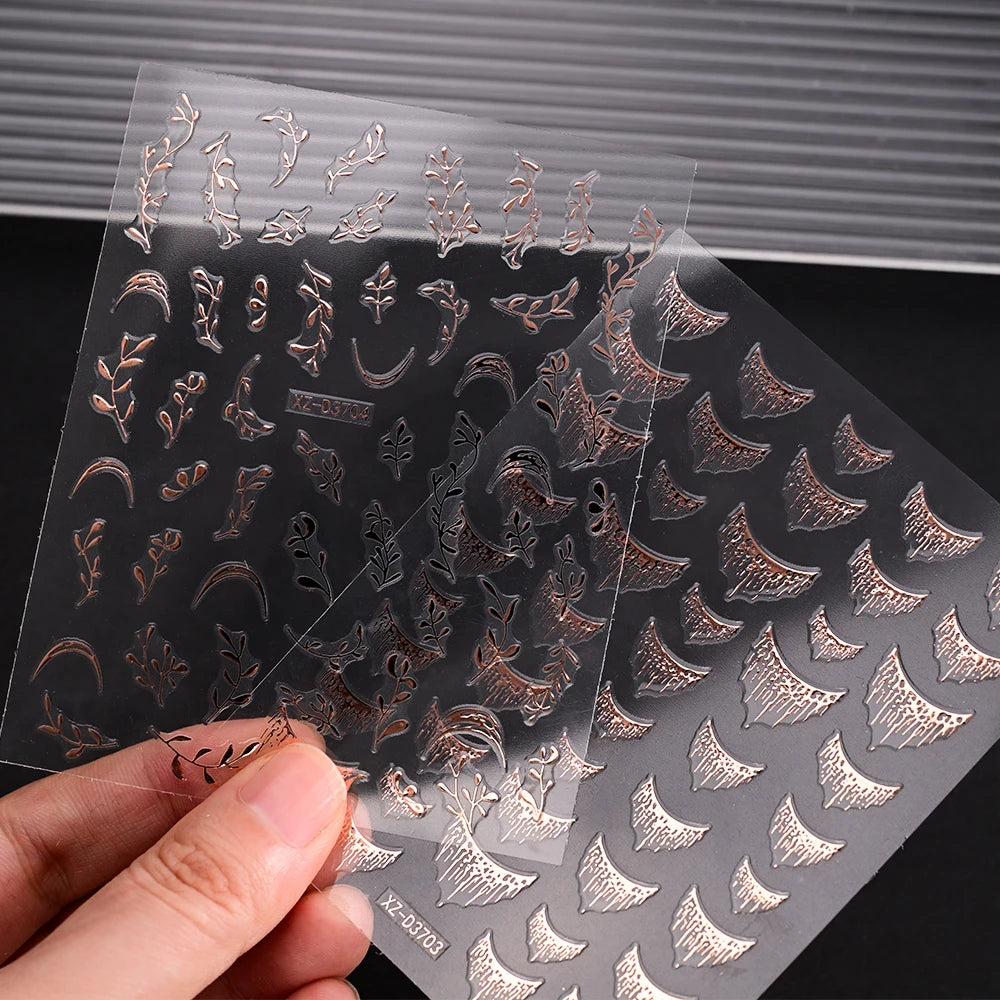 12Pcs Gold/Silver Tasse/Line/Star/Moon 3D Nail Art Stickers Leaf/Geometric Design Self-adhesive Sliders Luxury Manicure Decals