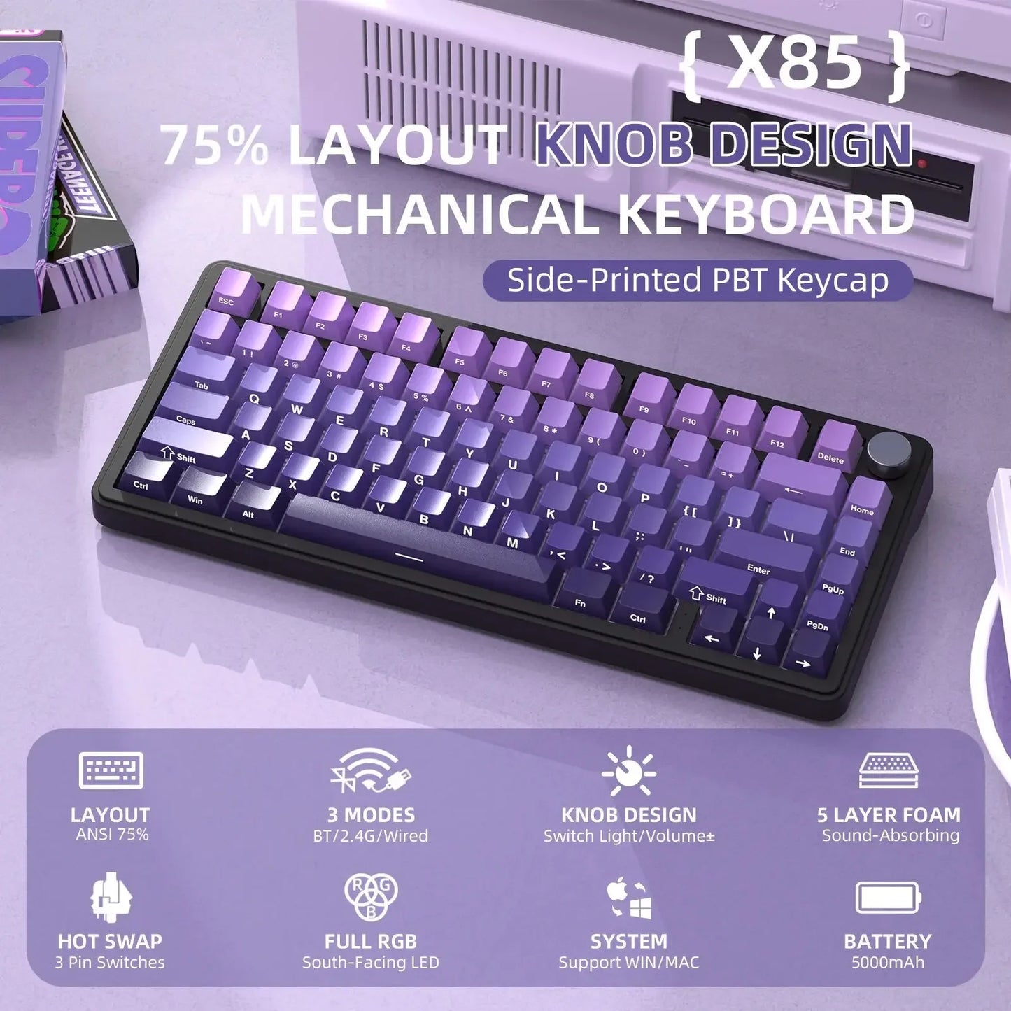 Attack Shark X85 Wireless Keyboard Game Mechanical Keyboard 75% RGB Tri-mode GASKET Structure Full-key Hot-swap Game Accessories