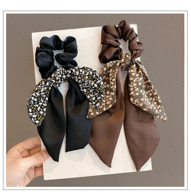 Ponytail Ribbon Bow New Women Scrunchies Knotted Bowknot Hair Ties Floral Print Sweet Elastic HairBand Hairs Accessories