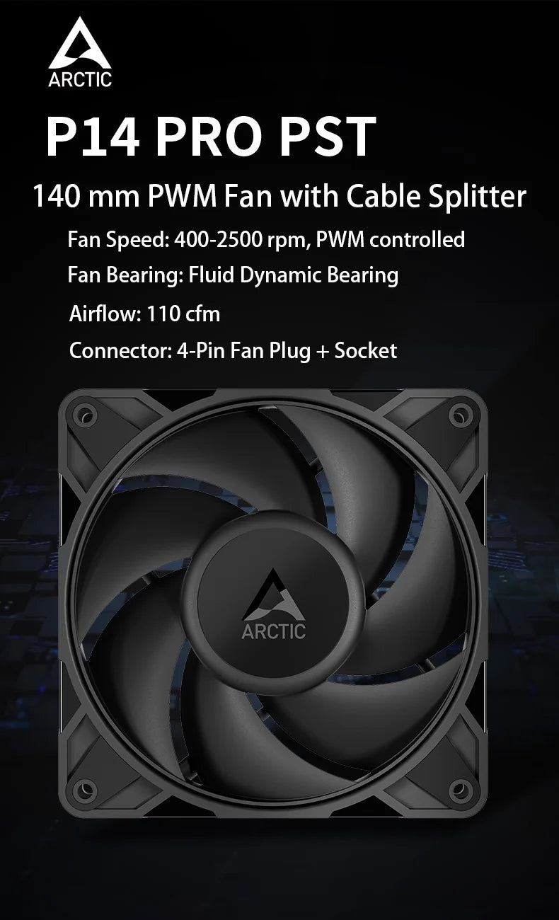 ARCTIC P14 Pro PST, High-Performance 140mm Case Fan with PWM Sharing Technology (PST), Speed:400–2500 RPM, Fluid Dynamic Bearing