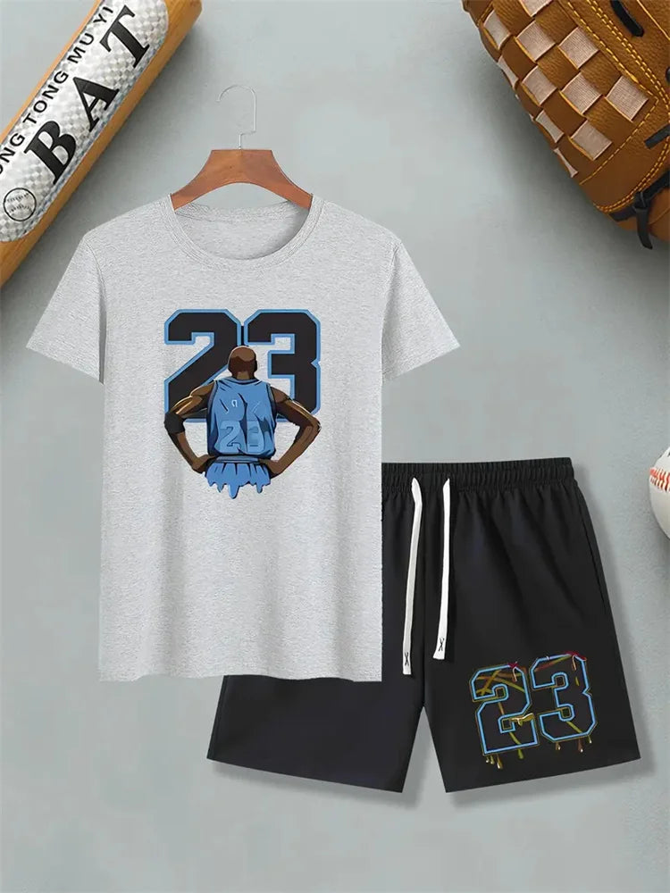 Summer Breathable Sportswear Men's Short-Sleeved Shorts Loose Quick-Drying T-Shirt Basketball Four Pants Casual Running Suit