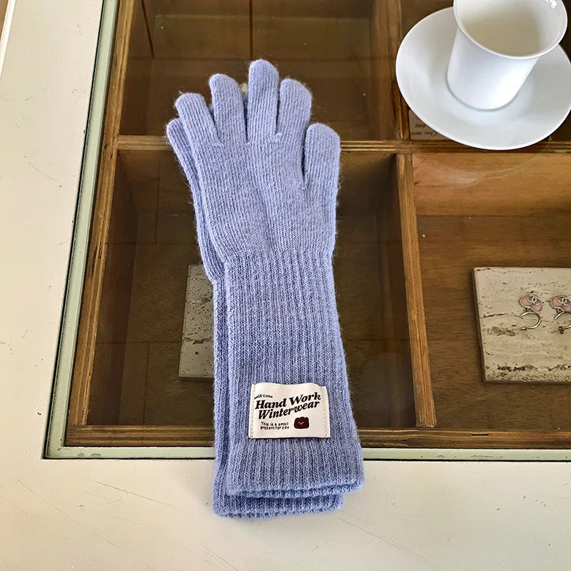 Cycling Five Finger Knitted Yarn Gloves Full Finger Long Wrist Gloves Thick Elastic Winter Connected Finger Glove Autumn Winter